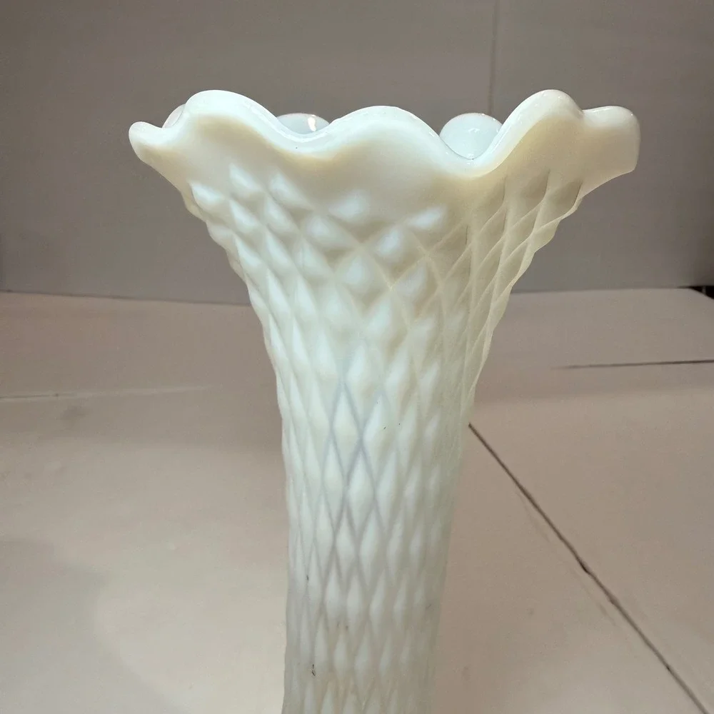 Vintage Milk Glass Diamond Quilt Ruffled Trumpet Vase Wedding Cottage Decor